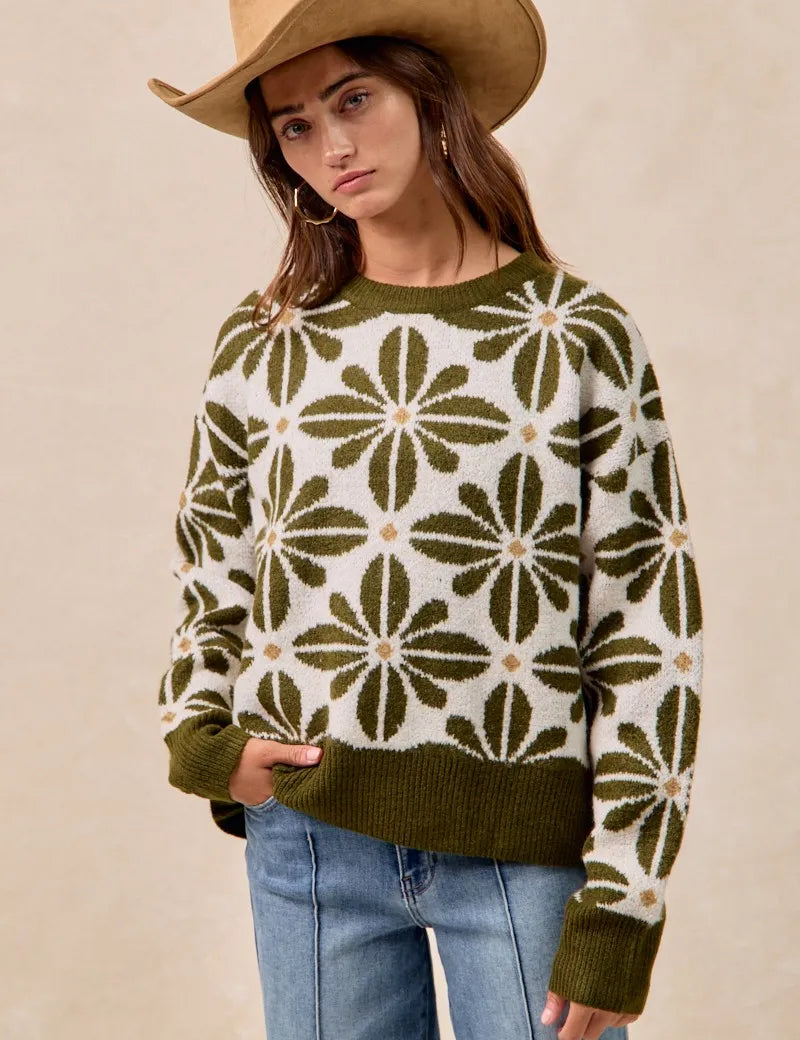 BiBi Flower Pattern Long Sleeve Sweater Olive | Sweaters Daverri Fashions