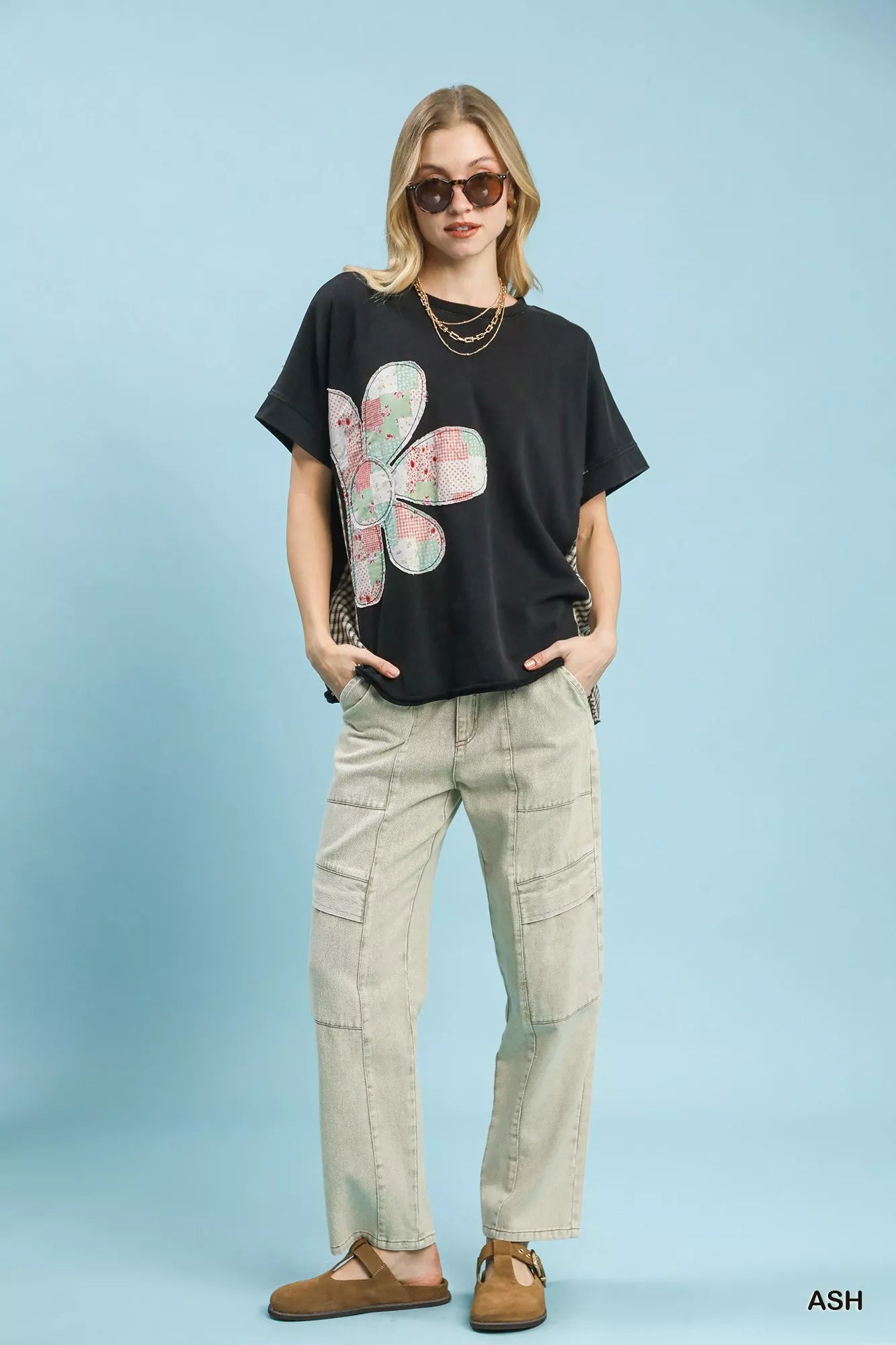 Umgee Ash Mineral Wash French Terry Top with pink green floral patchwork