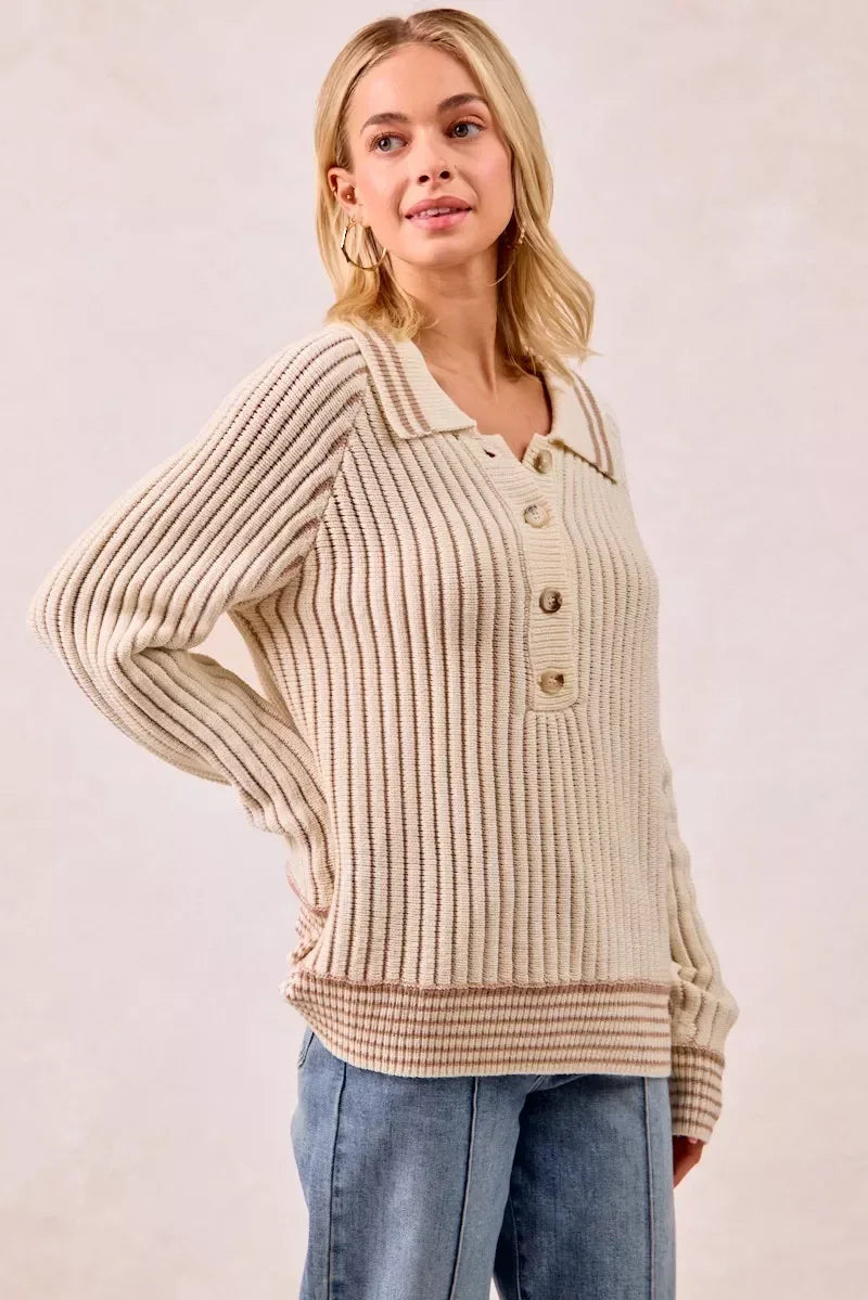 BiBi Half Button Ribbed Two Tone Sweater - DAVERRI FASHIONS