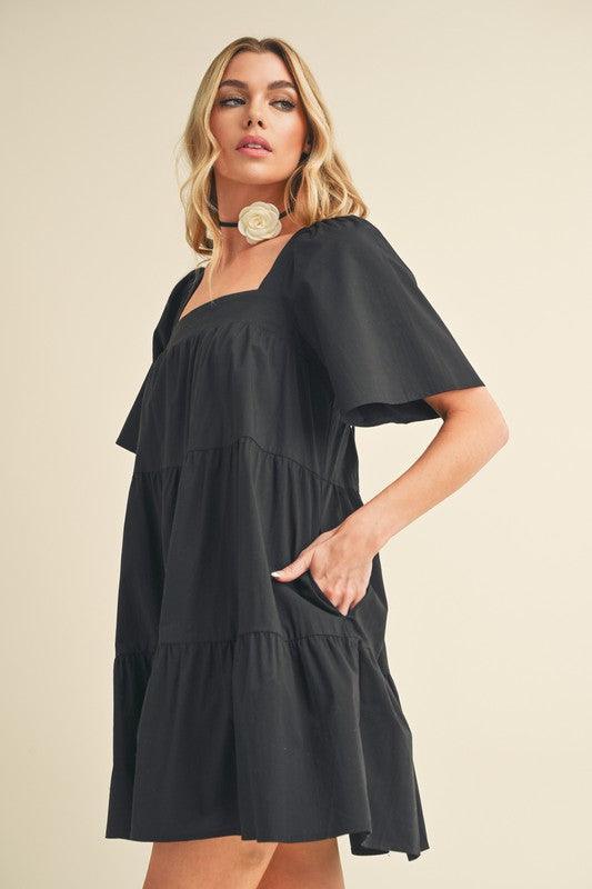 Aemi + Co Square Neck Half Sleeve Tiered Dress - DAVERRI FASHIONS