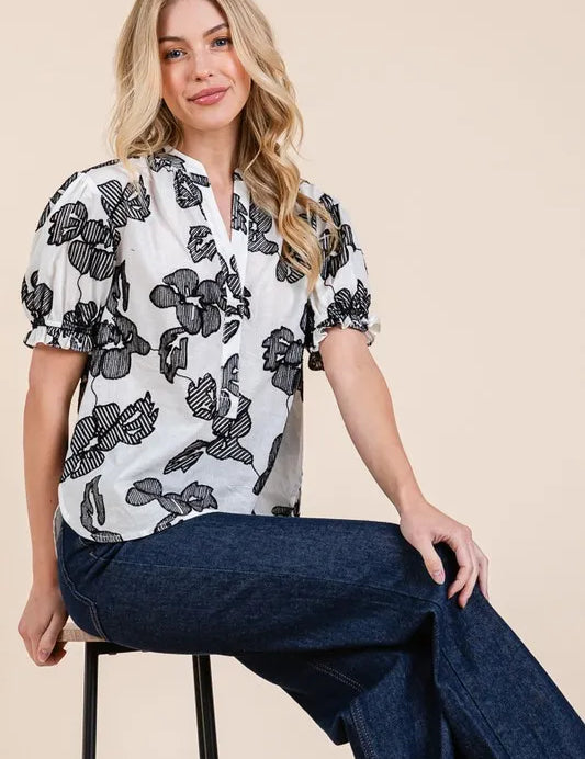 Lime 'N' Chili Embroidered Split Neck Puff Sleeve Blouse | Daverri Fashions