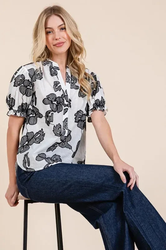 Lime 'N' Chili Embroidered Split Neck Puff Sleeve Blouse - DAVERRI FASHIONS