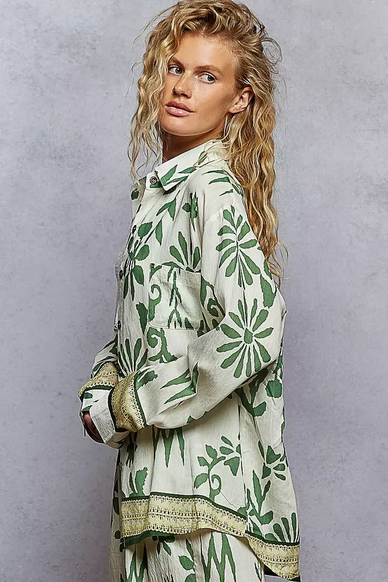 POL Button Down Floral Long Sleeve Shirt - DAVERRI FASHIONS