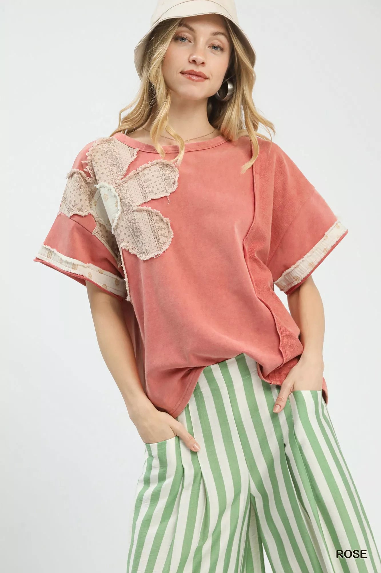Umgee French Terry Top in soft coral with lace butterfly patch