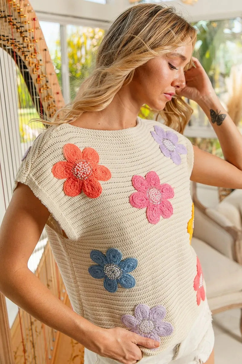 BiBi Multi Jeweled Crochet Flower Patch Sweater Vest Sweaters