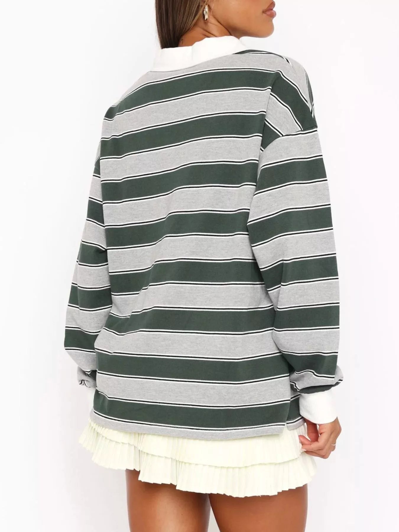 Striped Button Detail Long Sleeve Polo | Tops Daverri Fashions
