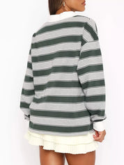Striped Button Detail Long Sleeve Polo | Tops Daverri Fashions
