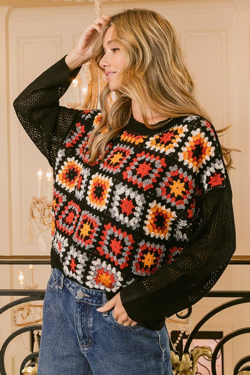 BiBi Granny Square Front Long Sleeve Top - DAVERRI FASHIONS