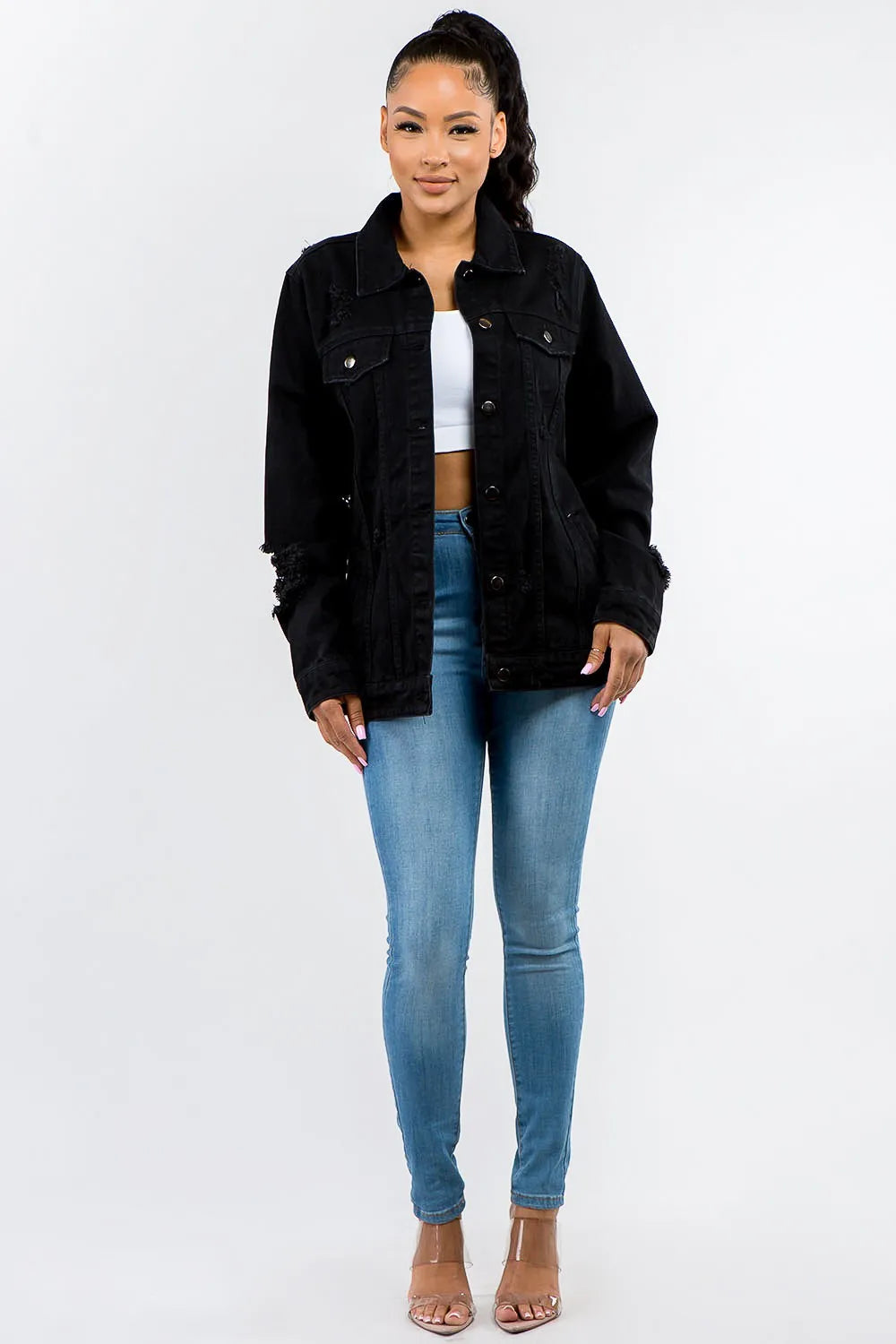 American Bazi Full Size Button Up Distressed Denim Jacket | Daverri Fashions