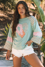 Beige Plaid Floral Peace Heart Graphic Wide Long Sleeve Top