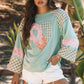 Mint green raglan top with pink plaid patchwork heart design