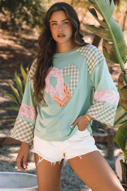 Mint green raglan top with pink plaid patchwork heart design