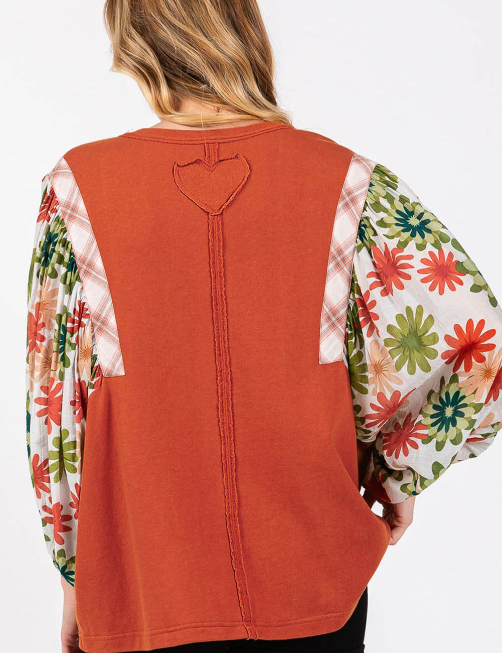 Desert Gold Floral Puff Sleeve Patchwork Round Neck Blouse | Blouses Daverri Fashions