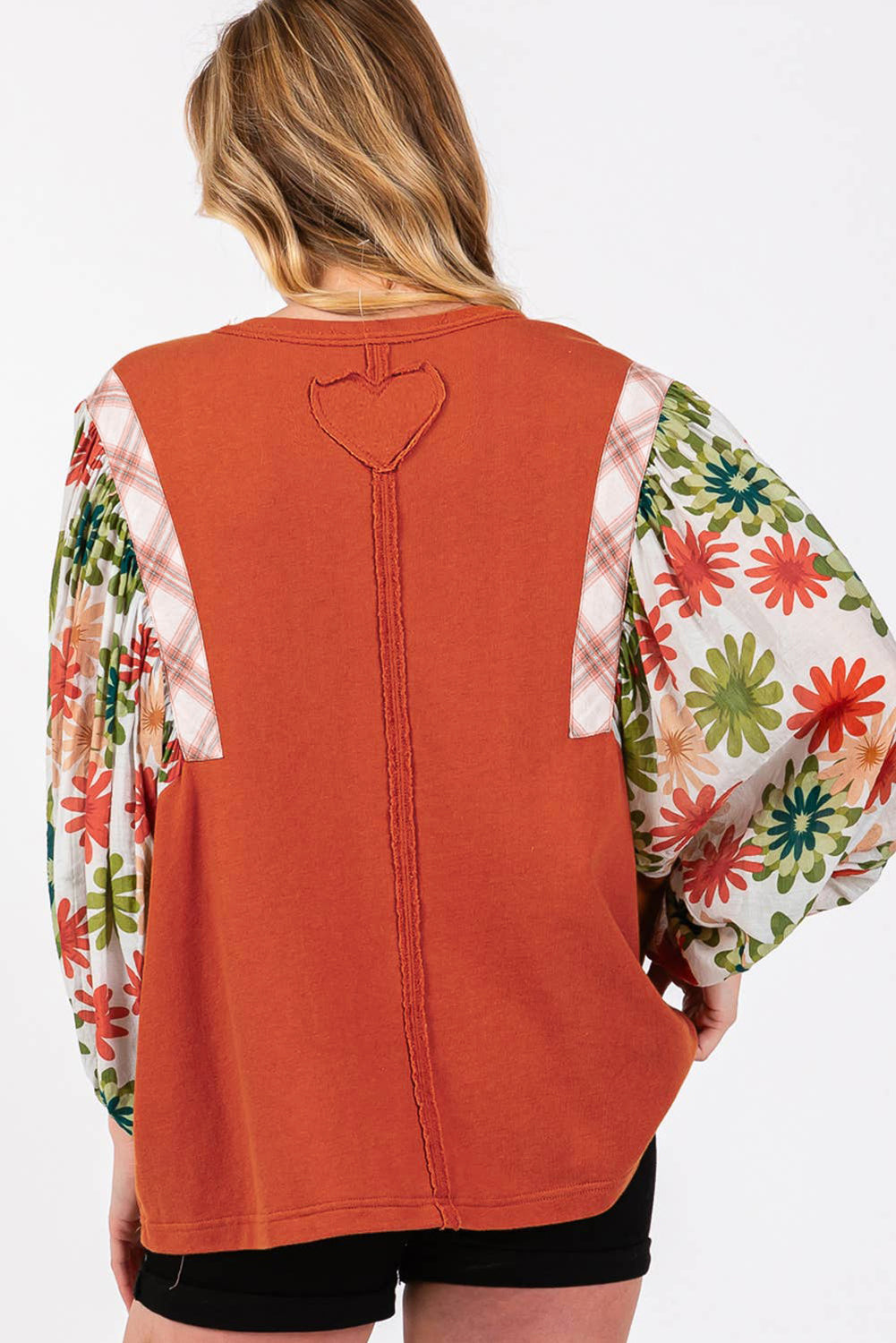 Desert Gold Floral Puff Sleeve Patchwork Round Neck Blouse | Blouses Daverri Fashions