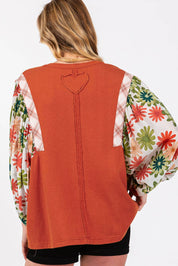 Desert Gold Floral Puff Sleeve Patchwork Round Neck Blouse | Blouses Daverri Fashions