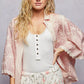 POL embroidered pink floral lace kimono shirt with scalloped edges