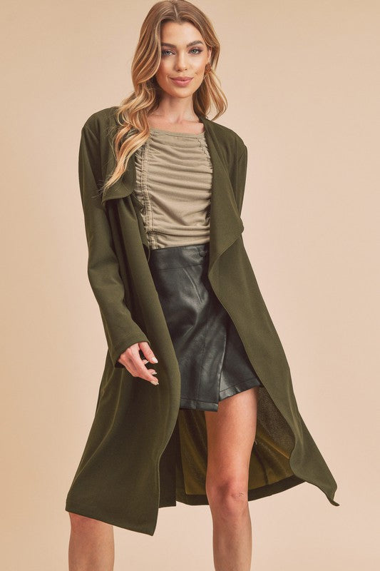 Aemi + Co Open Front Long Sleeve Longline Coat Army Green Coats