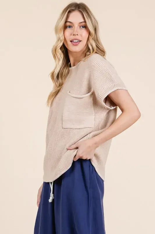 Lime 'N' Chili Solid Cap Sleeve Stitch Edge Knit Sweater - DAVERRI FASHIONS