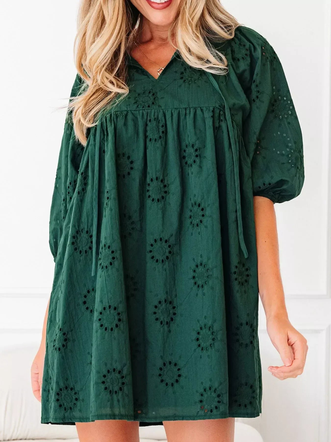 Embroidered Eyelet Pattern 3/4 Puffy Sleeve Swing Mini Dress - DAVERRI FASHIONS