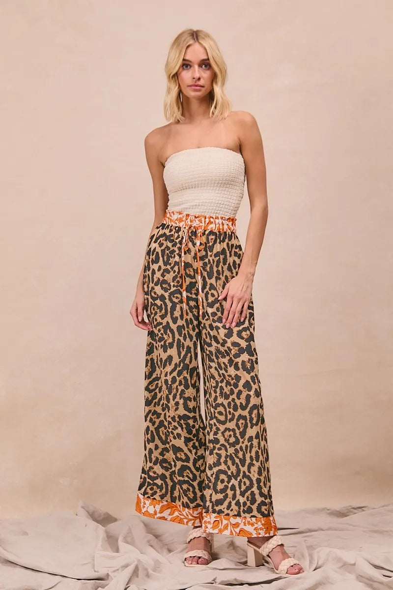 BiBi Leopard Print With Contrast Banded Wide Pants Pants
