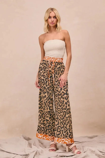 BiBi Leopard Print With Contrast Banded Wide Pants - DAVERRI FASHIONS