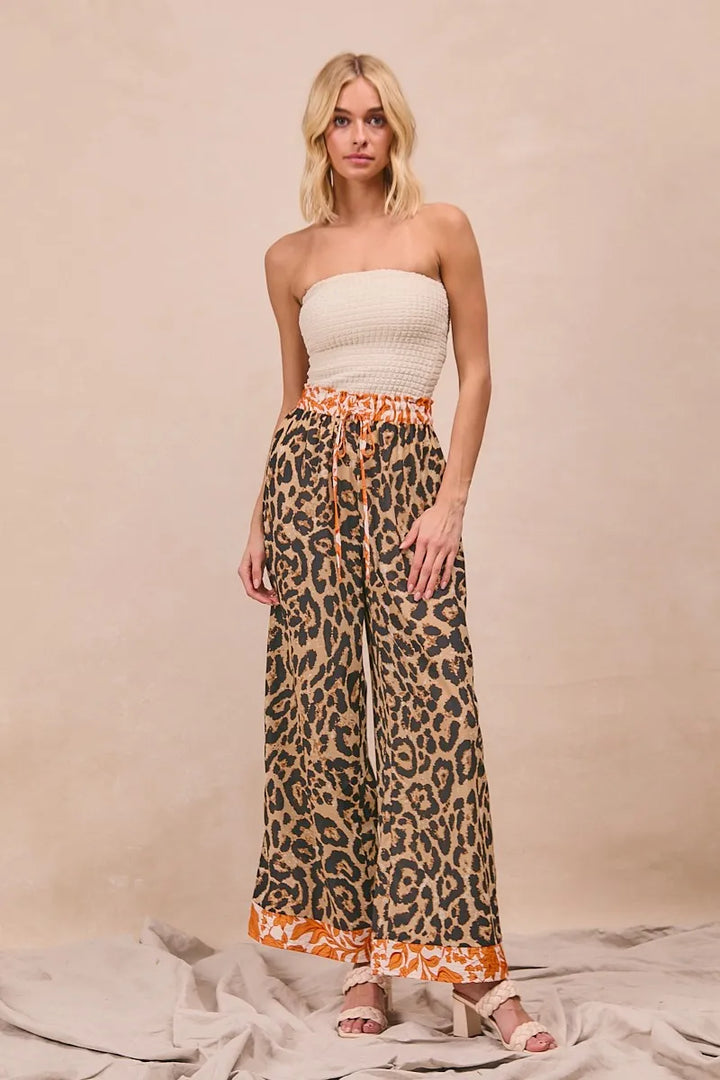 BiBi Leopard Print With Contrast Banded Wide Pants Pants