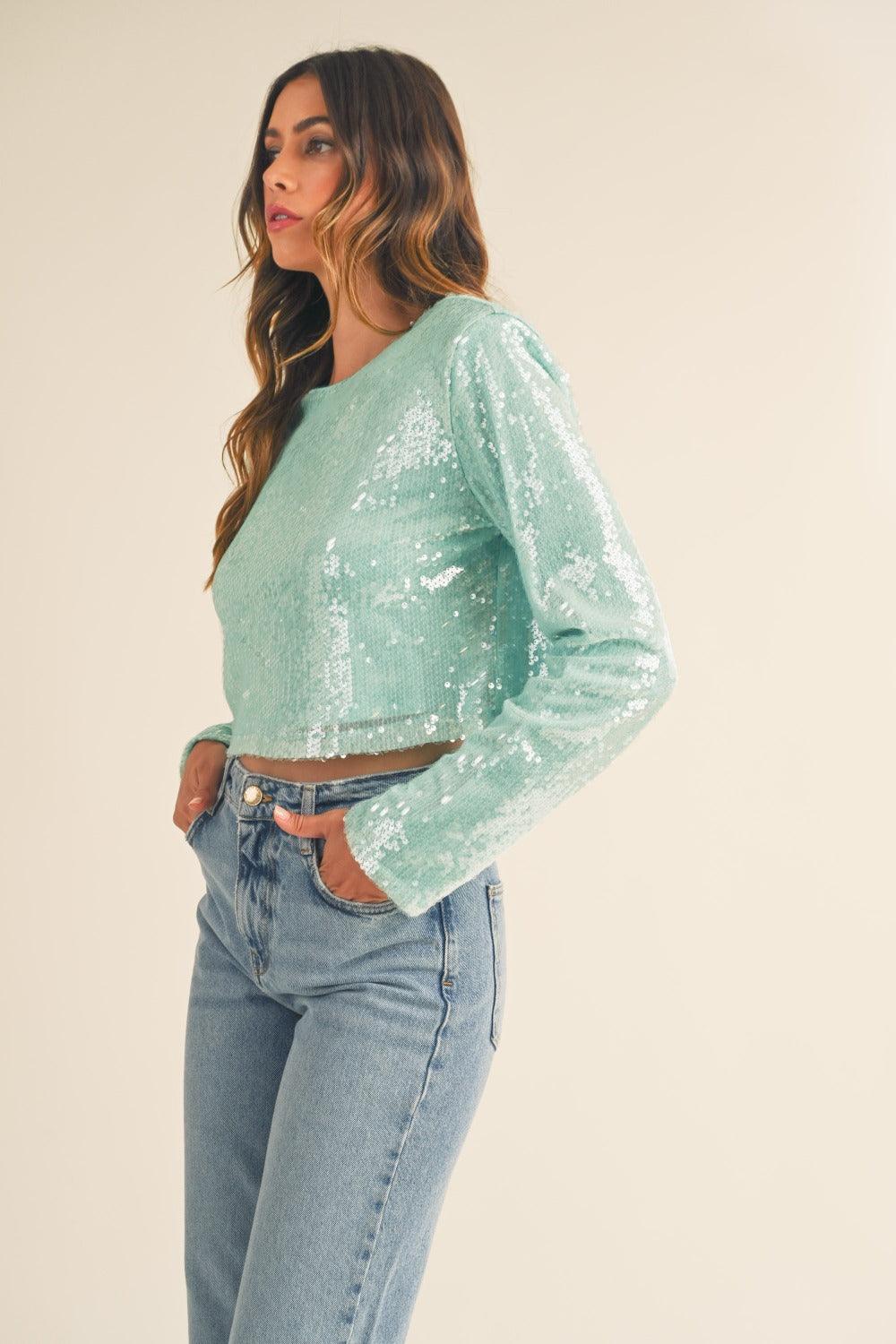 MABLE Shoulder Padded Sequin Crop Top | Tops Daverri Fashions