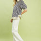 Umgee Geometric Leaf Print Popover Top in navy and cream, short sleeves