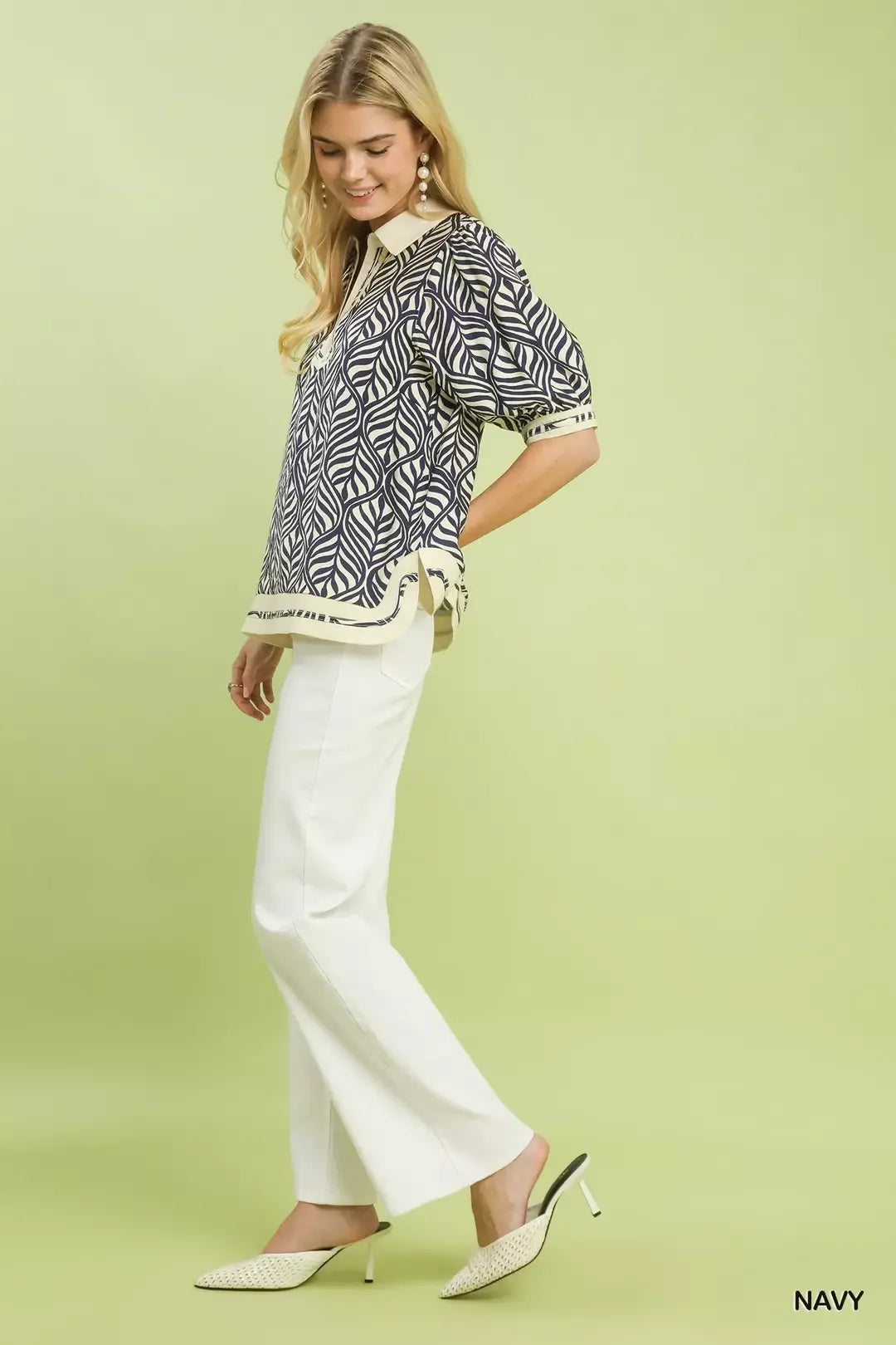 Umgee Geometric Leaf Print Popover Top in navy and cream, short sleeves