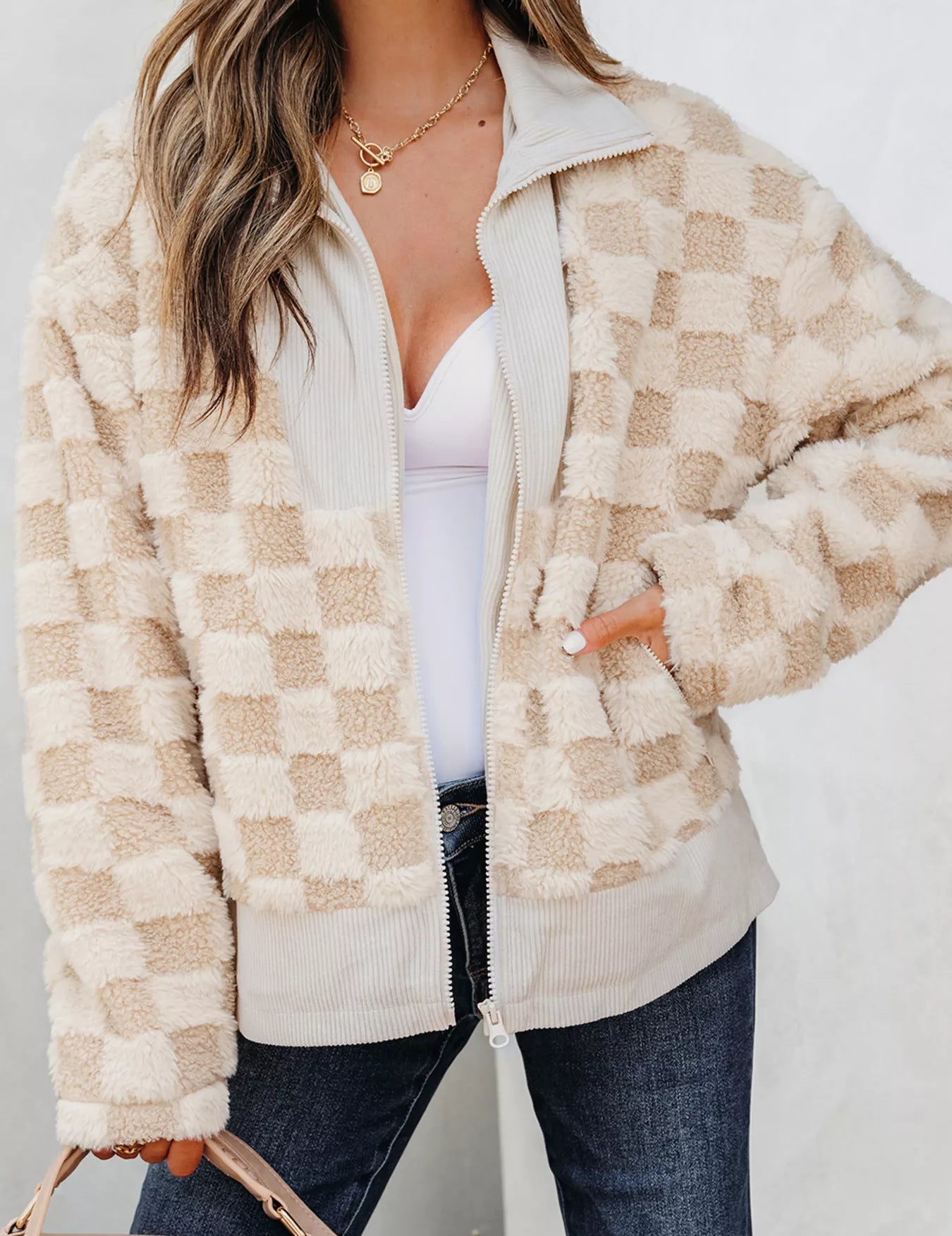 Beige Checker Sherpa Corduroy Patchwork Zip Up Jacket | Jackets Daverri Fashions