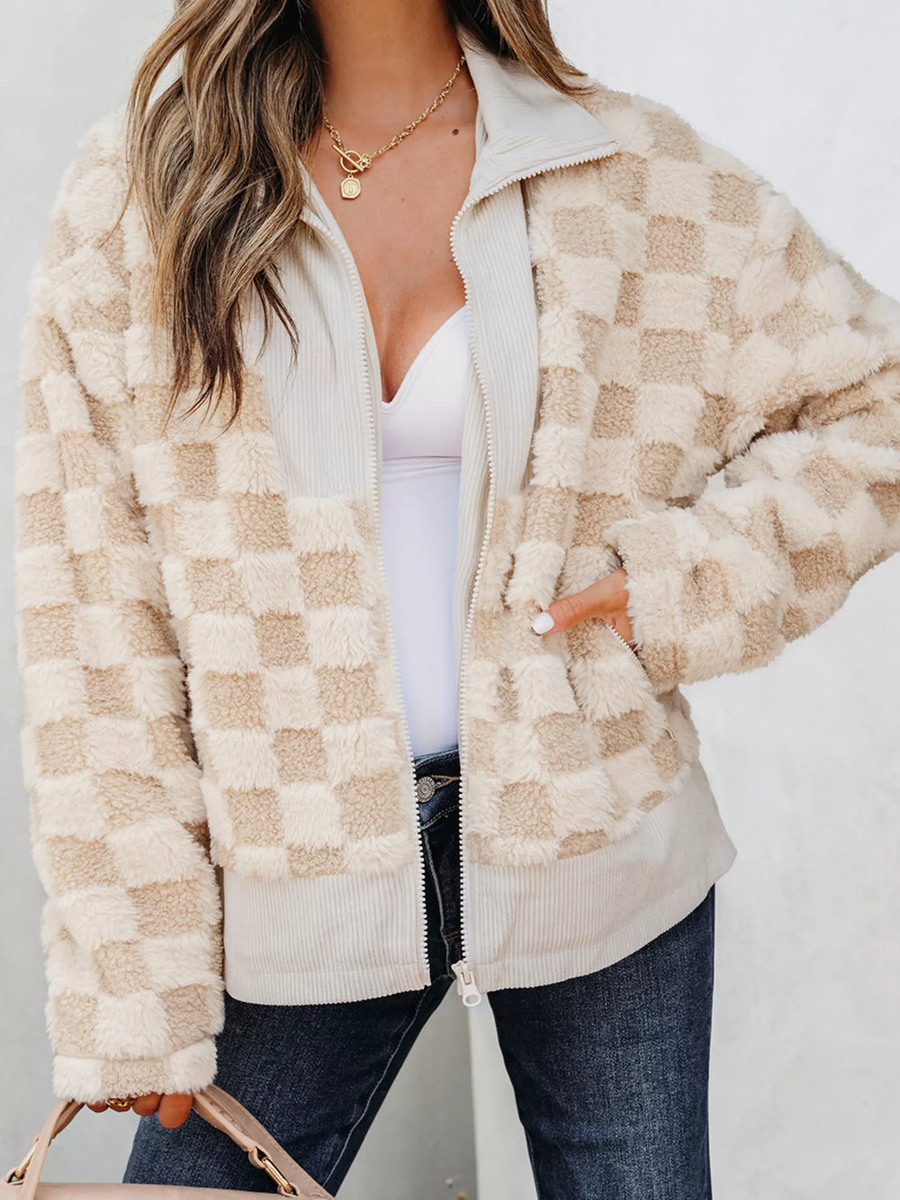 Beige Checker Sherpa Corduroy Patchwork Zip Up Jacket | Jackets Daverri Fashions