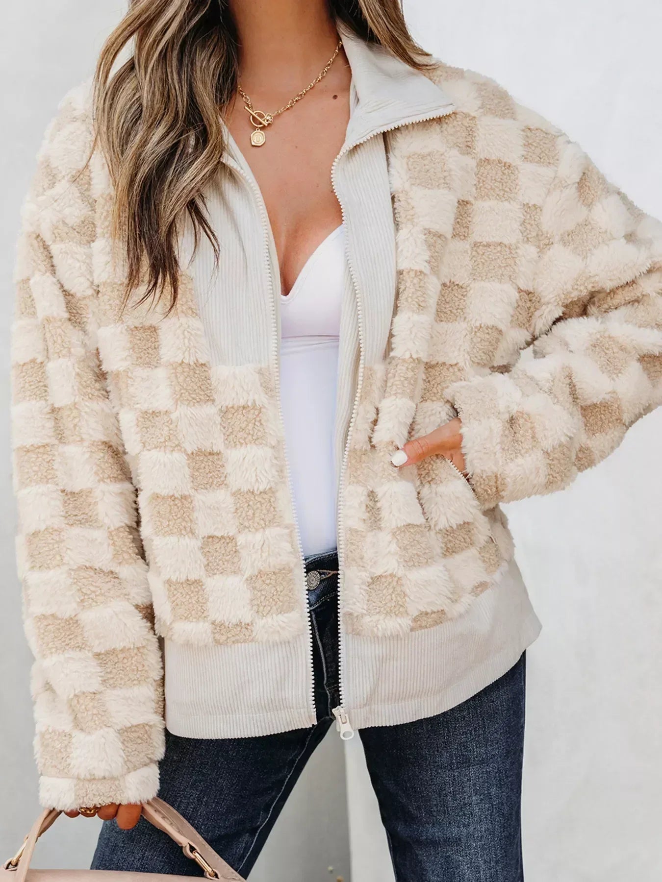 Checker Sherpa Corduroy Patchwork Zip Up Jacket - DAVERRI FASHIONS