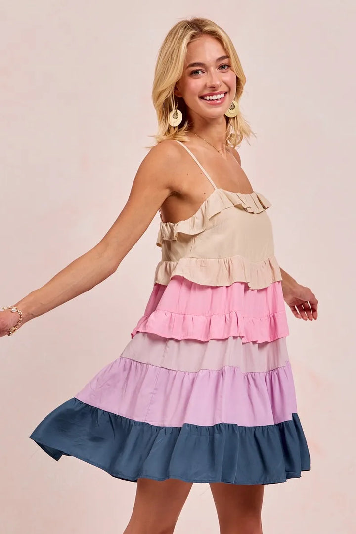 BiBi Color Blocked Tiered Dress Mini Dresses