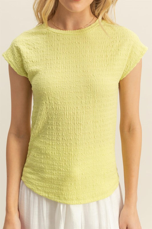 HYFVE Neon Yellow Textured Round Neck Cap Sleeve Knit Top Tops