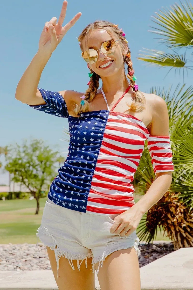 BiBi American Flag Off Shoulder With Front Ruched Top - DAVERRI FASHIONS