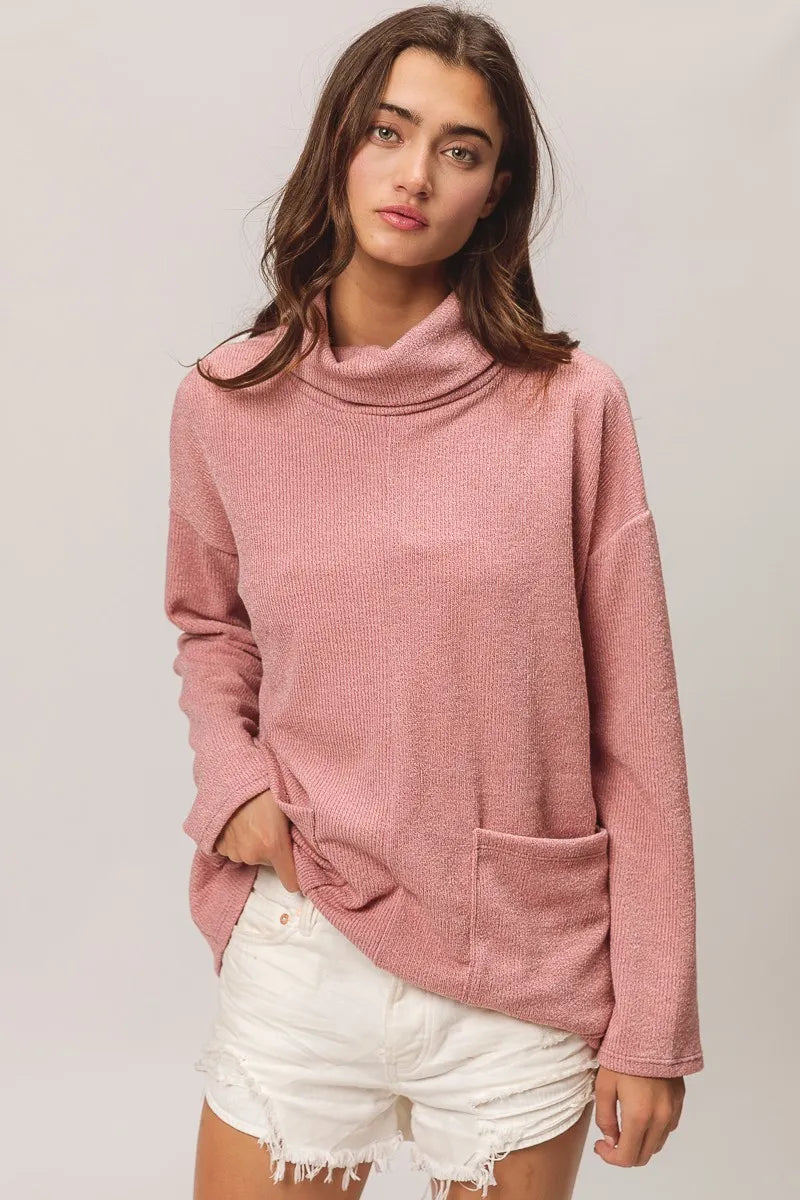BiBi Piper Rib Double Pocket Turtle Neck Sweater MAUVE Sweaters