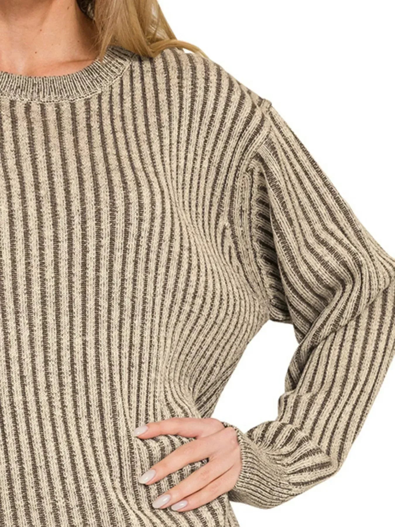 Zenana Curved Hem Two-Tone Ribbed Sweater - DAVERRI FASHIONS