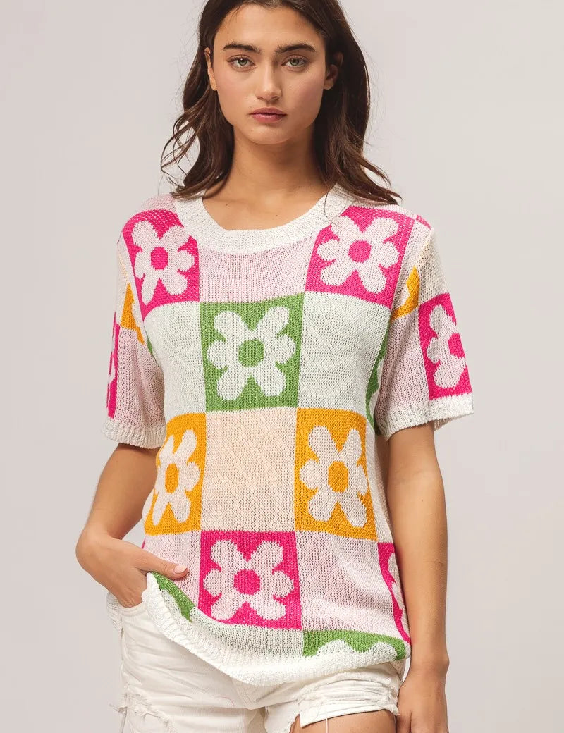 BiBi Flower Checker Pattern Lightweight Sweater Top | Sweaters Daverri Fashions
