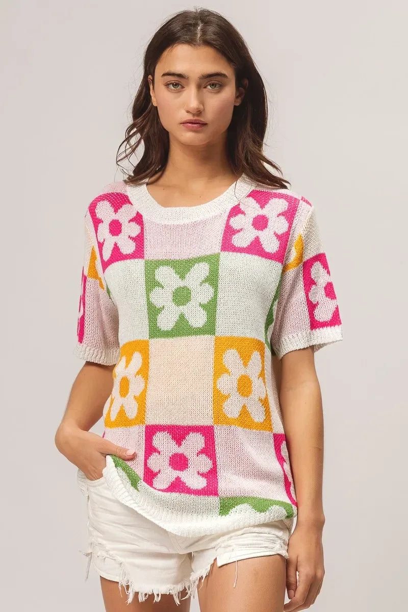 BiBi Flower Checker Pattern Lightweight Sweater Top - DAVERRI FASHIONS