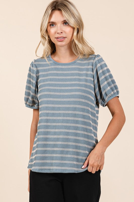 Mittoshop Contrast Striped Short Puff Sleeve Knit Top Tops