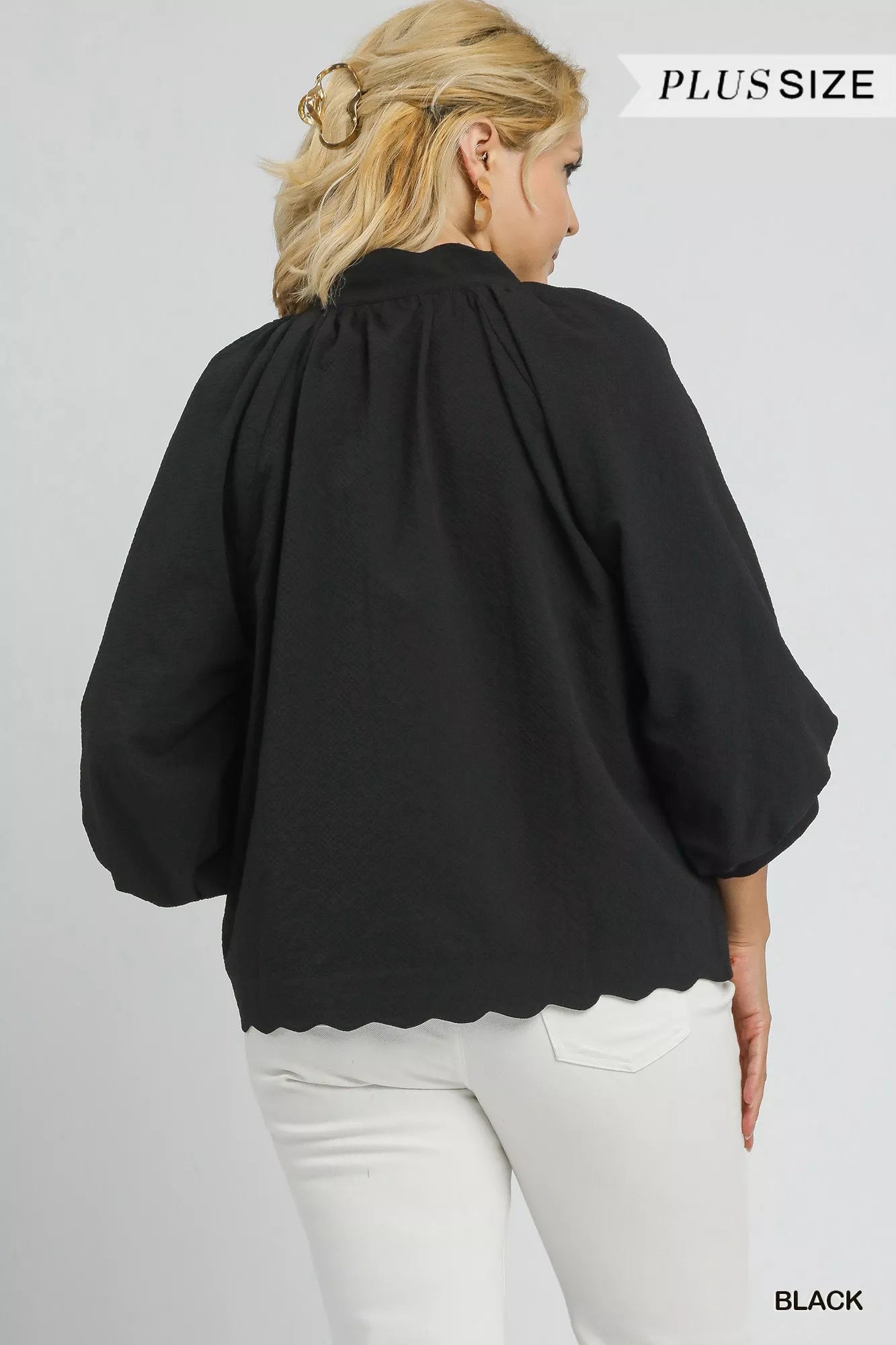 Umgee Full Size Textured Notched Balloon Sleeve Blouse Plus Size | Blouses Daverri Fashions