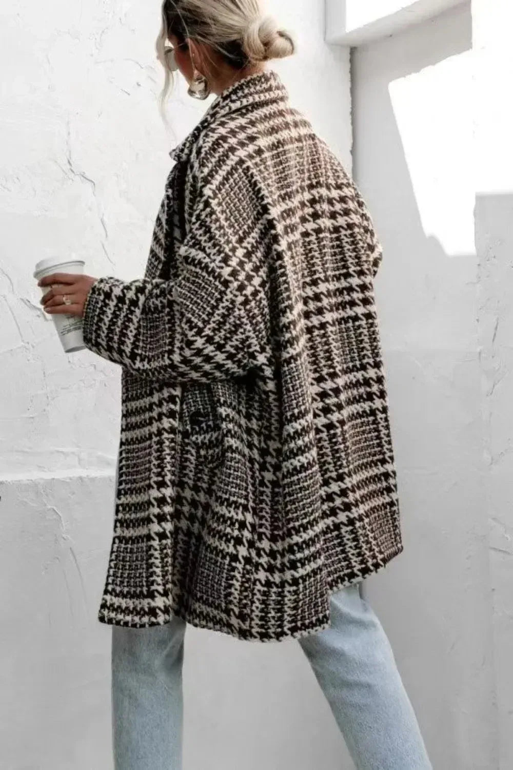 Houndstooth Collared Neck Long Sleeve Coat with Pockets - DAVERRI FASHIONS