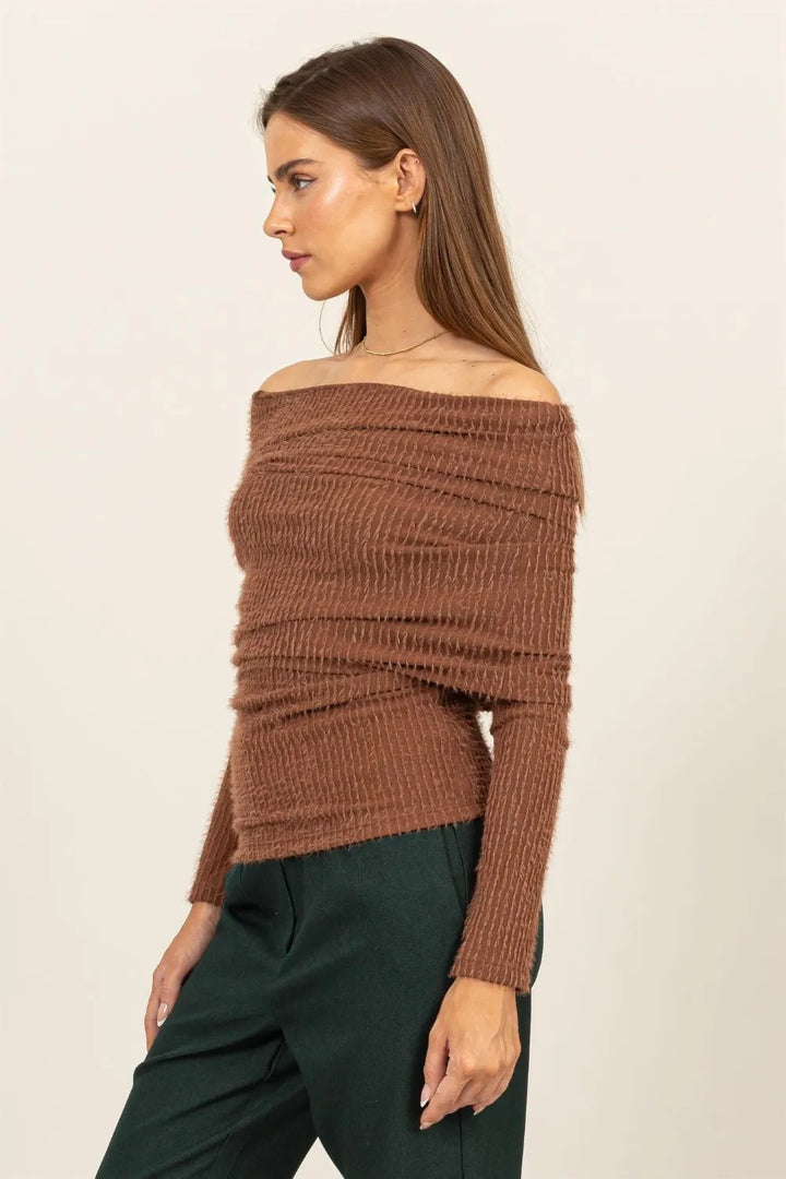 HYFVE Fuzzy Off Shoulder Textured Knit Top | Knit Tops Daverri Fashions