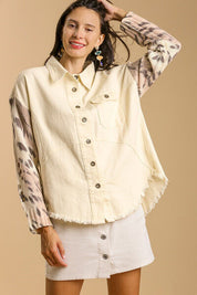 Umgee Full Size Distressed Detail Raw Hem Button Up Jacket Plus Size Cream