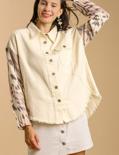 Umgee Full Size Distressed Detail Raw Hem Button Up Jacket Plus Size Cream