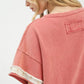 Umgee French Terry Top with soft rose cotton, quilted flower patch, frayed cuffs
