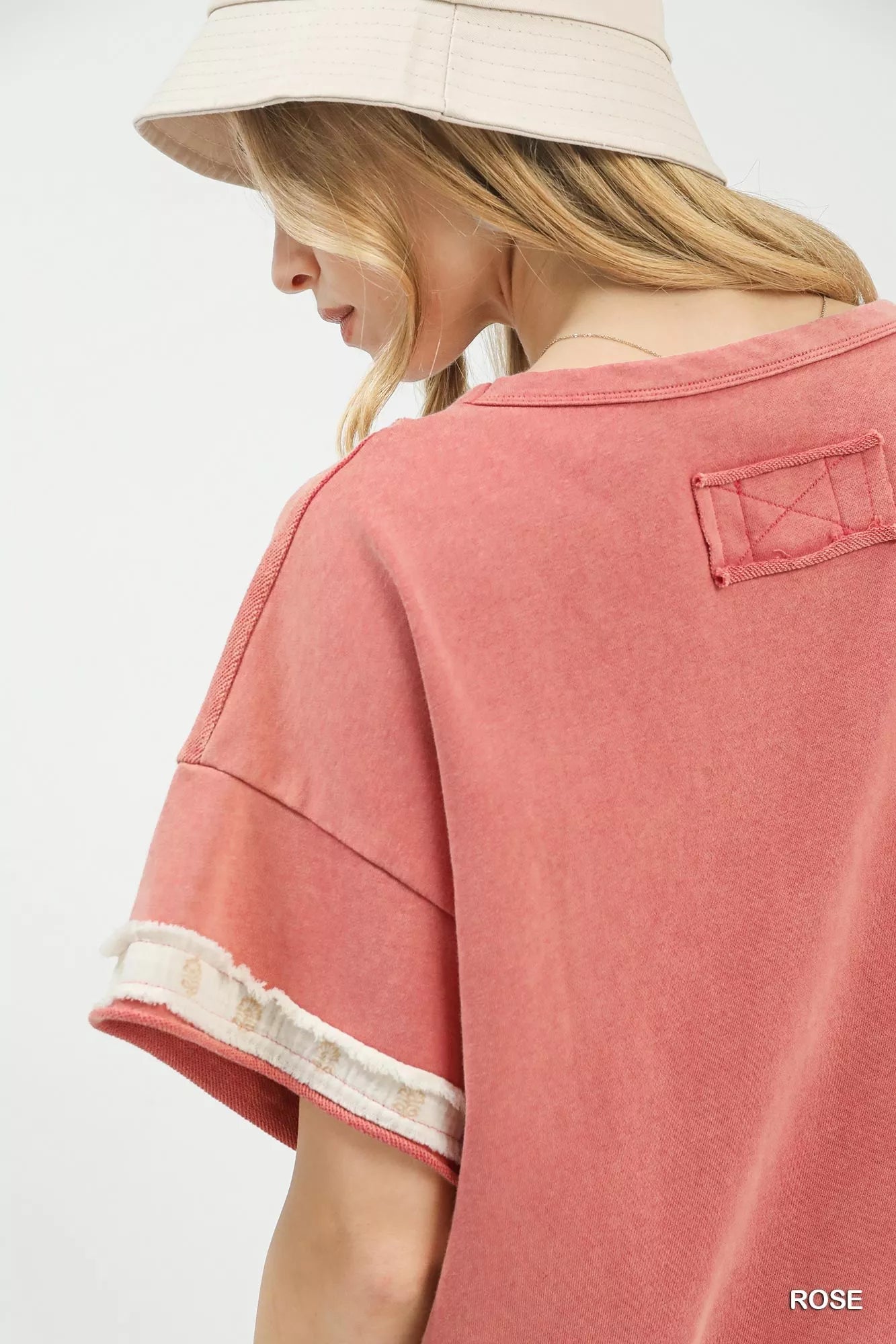 Umgee French Terry Top with soft rose cotton, quilted flower patch, frayed cuffs