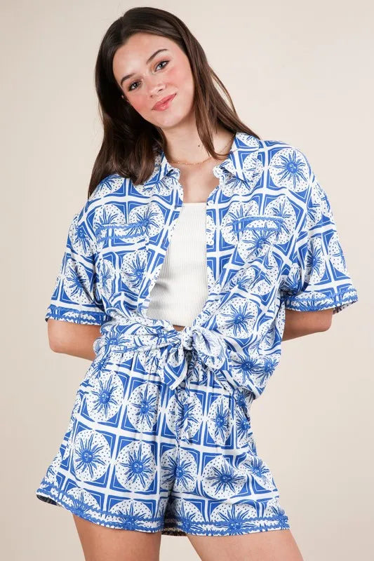 VERY J Tropical Printed Shirt Top and Shorts Set Shorts Sets