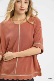 Umgee Linen Blend Scallop Trim Top | Tops Daverri Fashions
