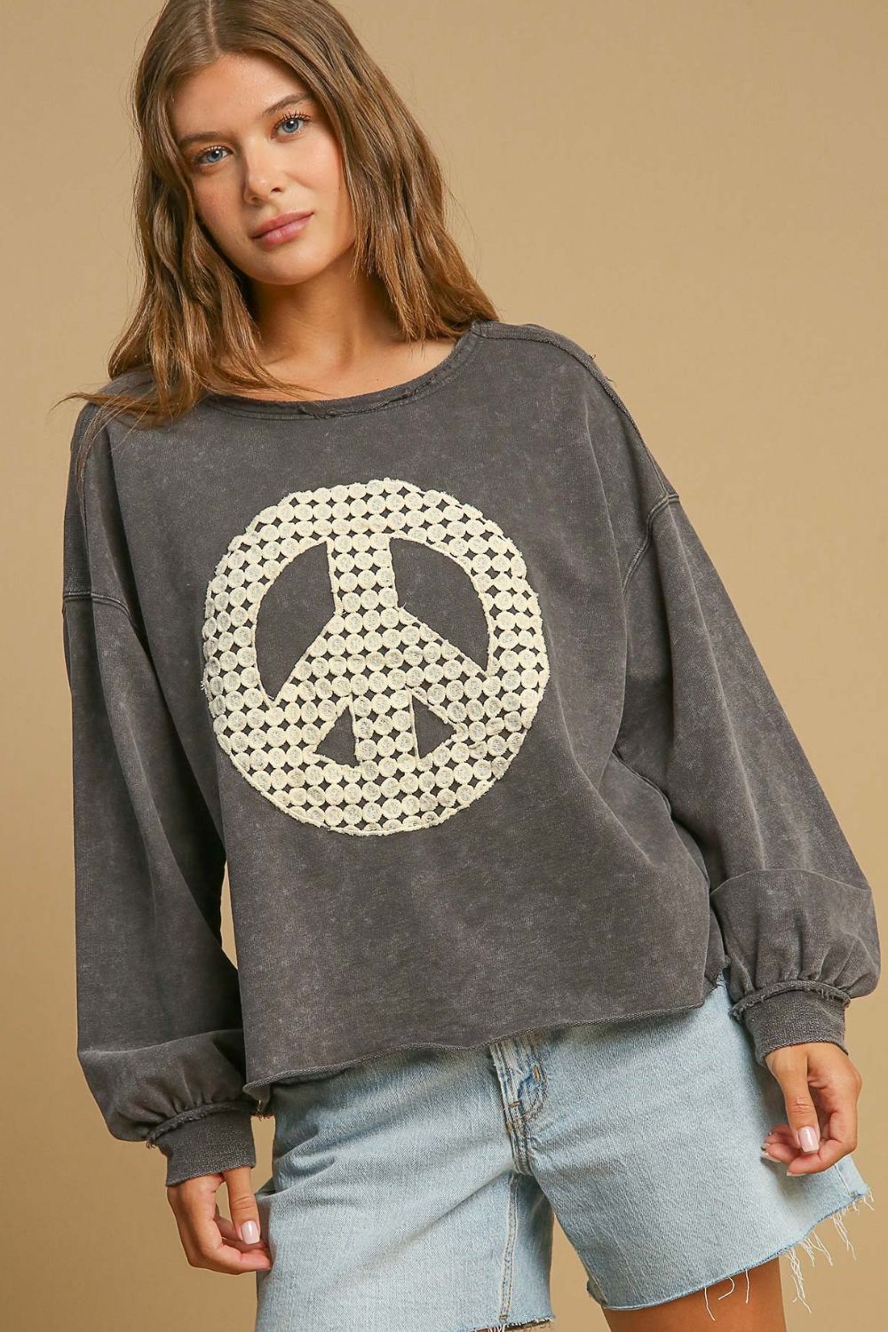 Umgee Full Size Peace Lace Applique Mineral Wash Sweatshirt CHARCOAL Sweatshirts